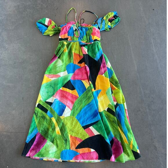 Vintage Dresses & Skirts - NWT H&M Viscose Linen Blend Off Shoulder Puff Midi Dress Green/Patterned S